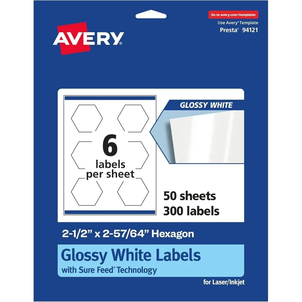Avery Glossy White Hexagon Labels, Sure Feed Technology, 2-1/2